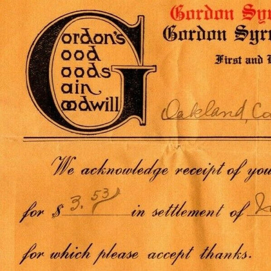 1909 Gordon Syrup & Pickle Co. Payment Receipt to J.A. Folger (Coffee)