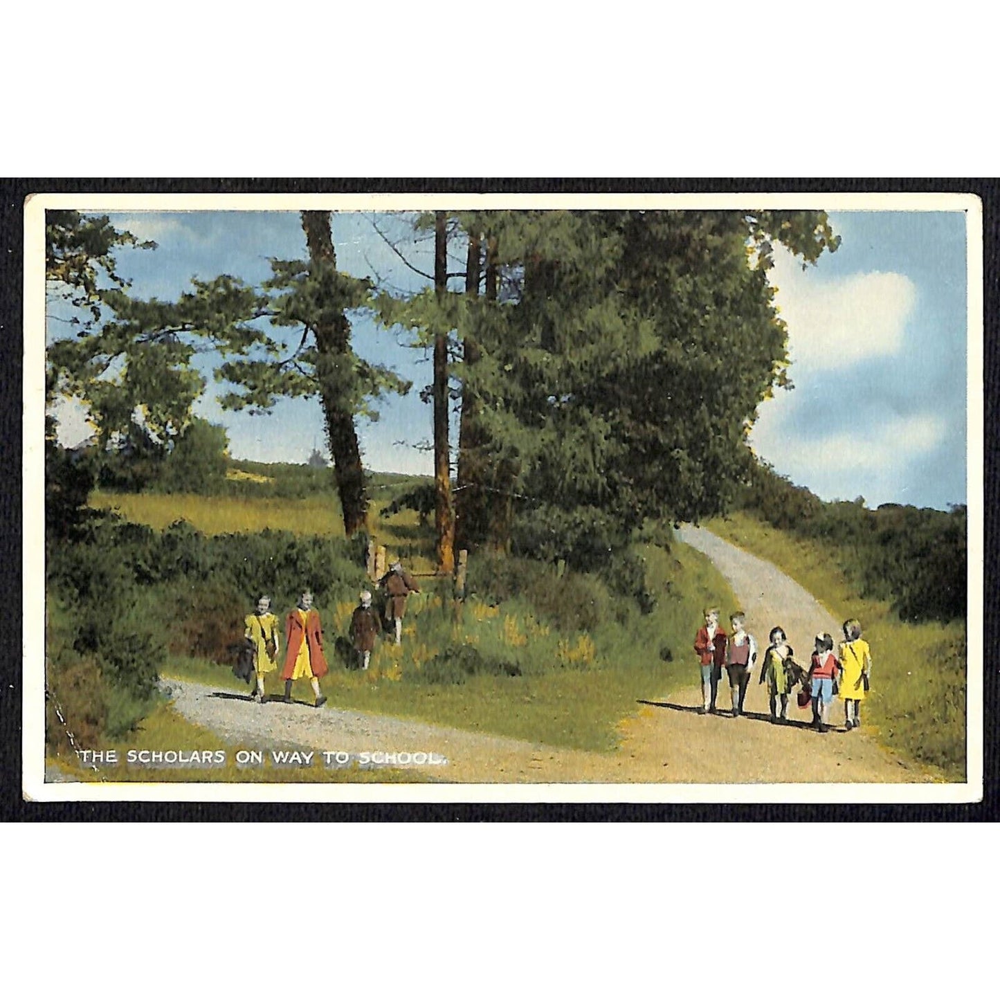 "Scholars On Way To School" Postcard Groups of Kids Walking on Dirt Road PM 1961