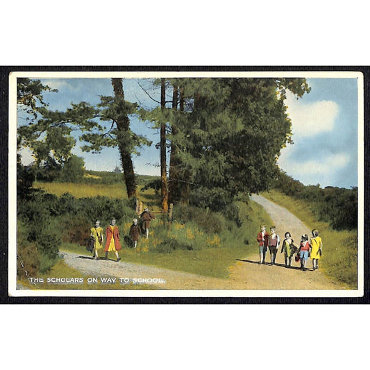 "Scholars On Way To School" Postcard Groups of Kids Walking on Dirt Road PM 1961
