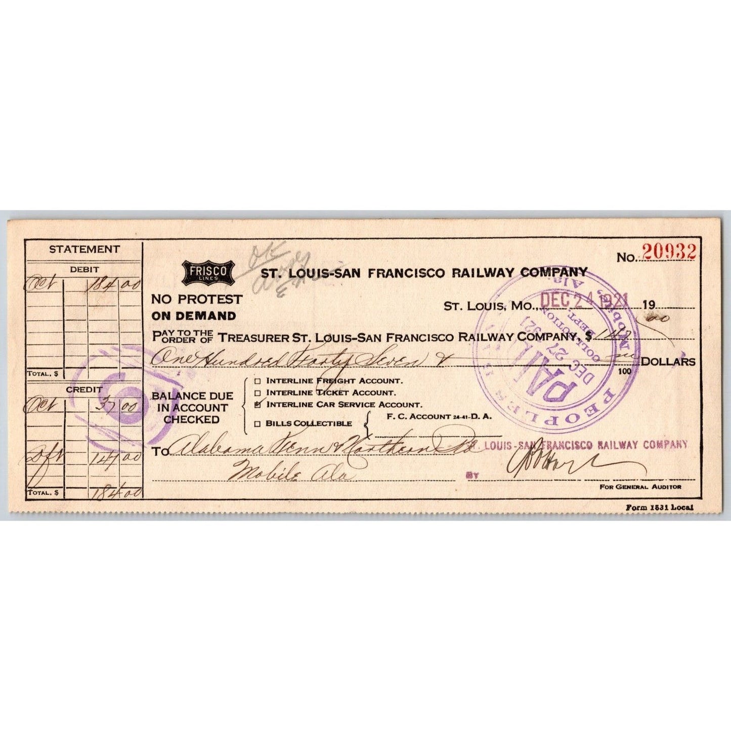 St. Louis - San Francisco Railway Railroad 1921 Bank Check VGC