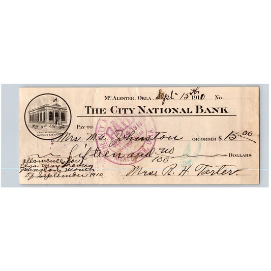 McAlester, Oklahoma 1910 $15 City National Bank Check - Scarce