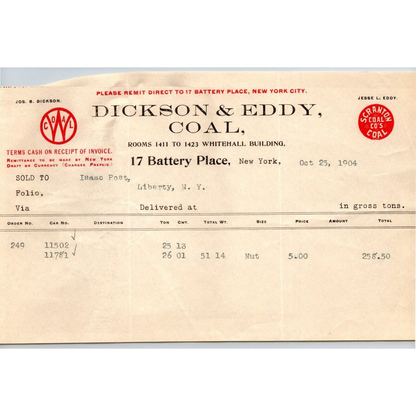 Dickson & Eddy Coal 17 Battery Place, NYC to: Isaac Post Xmas Day 1904 Billhead