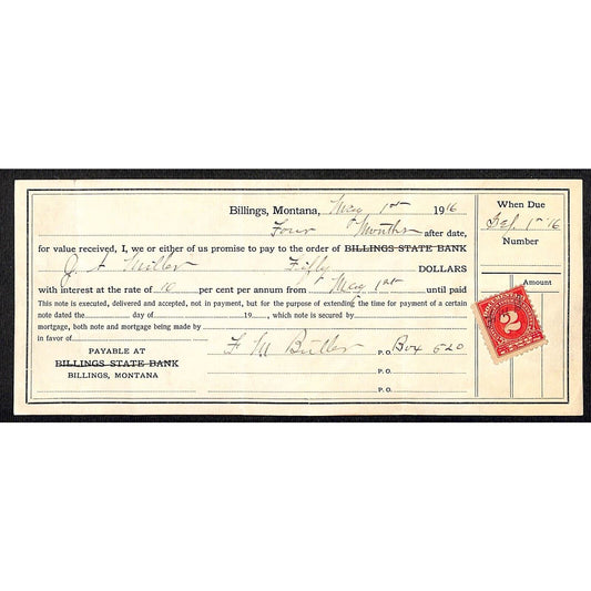 Billings Montana 1916 Promissory Note $50 @10% Billings State Bank w/ Rev Stamp