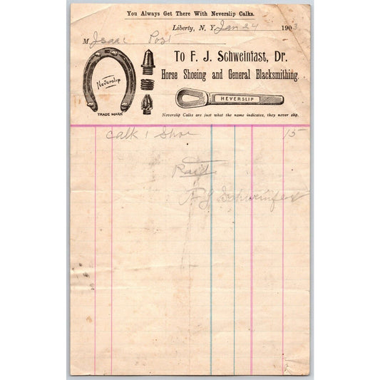 Liberty, NY F.J. Schweinfast Horse Shoeing & Blacksmithing Jan 24 1903 Billhead