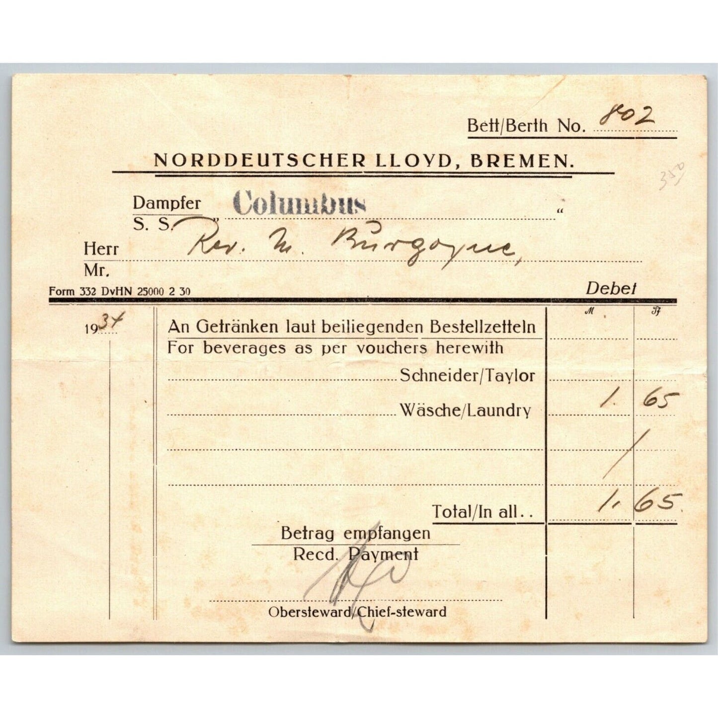 c1920's - 1930's Norddeutscher Lloyd, Breman Lines SS Columbus Beverage Receipt