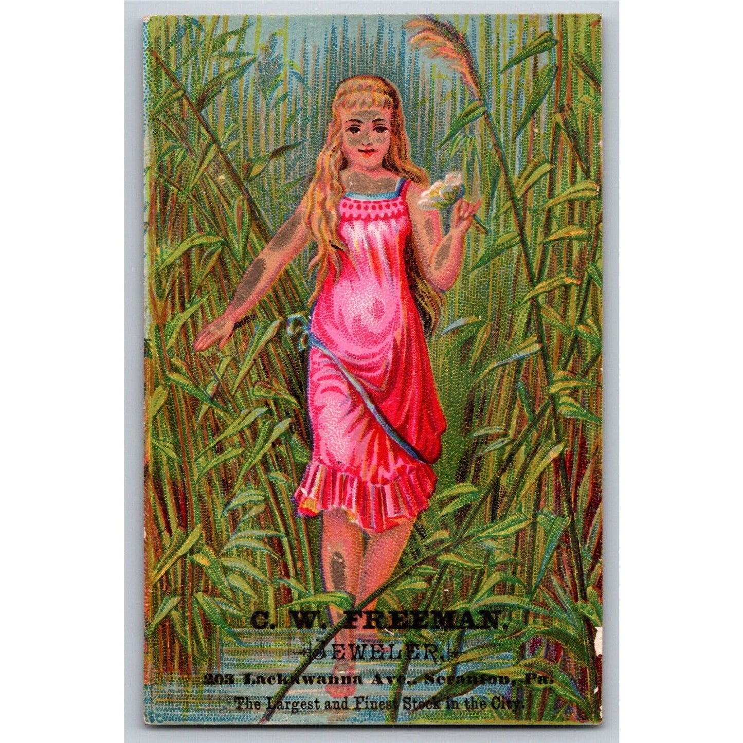 C.W. Freeman Jeweler Scranton, PA Girl w/ Red Dress Victorian Trade Card