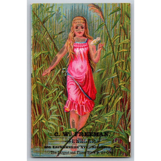 C.W. Freeman Jeweler Scranton, PA Girl w/ Red Dress Victorian Trade Card