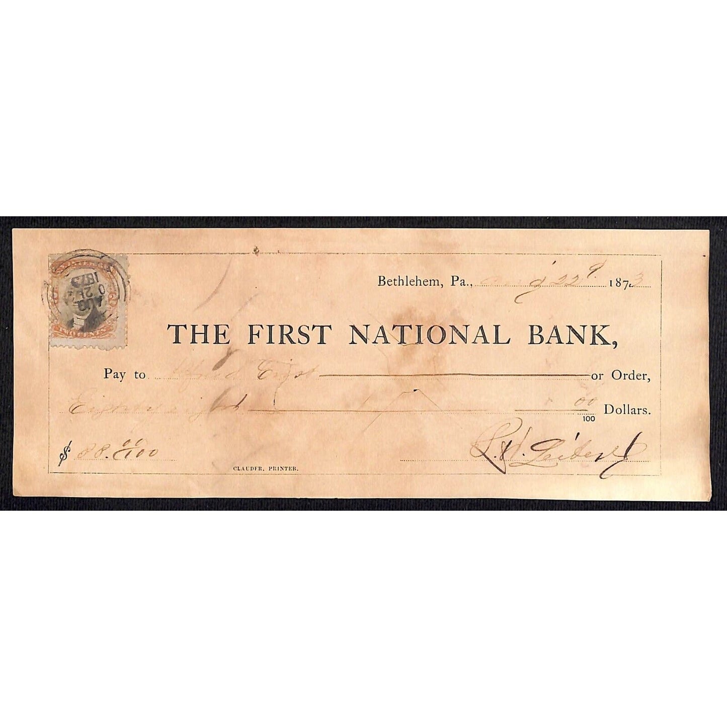 Bethlehem, PA 1873 First National Bank w/ Tax Stamp