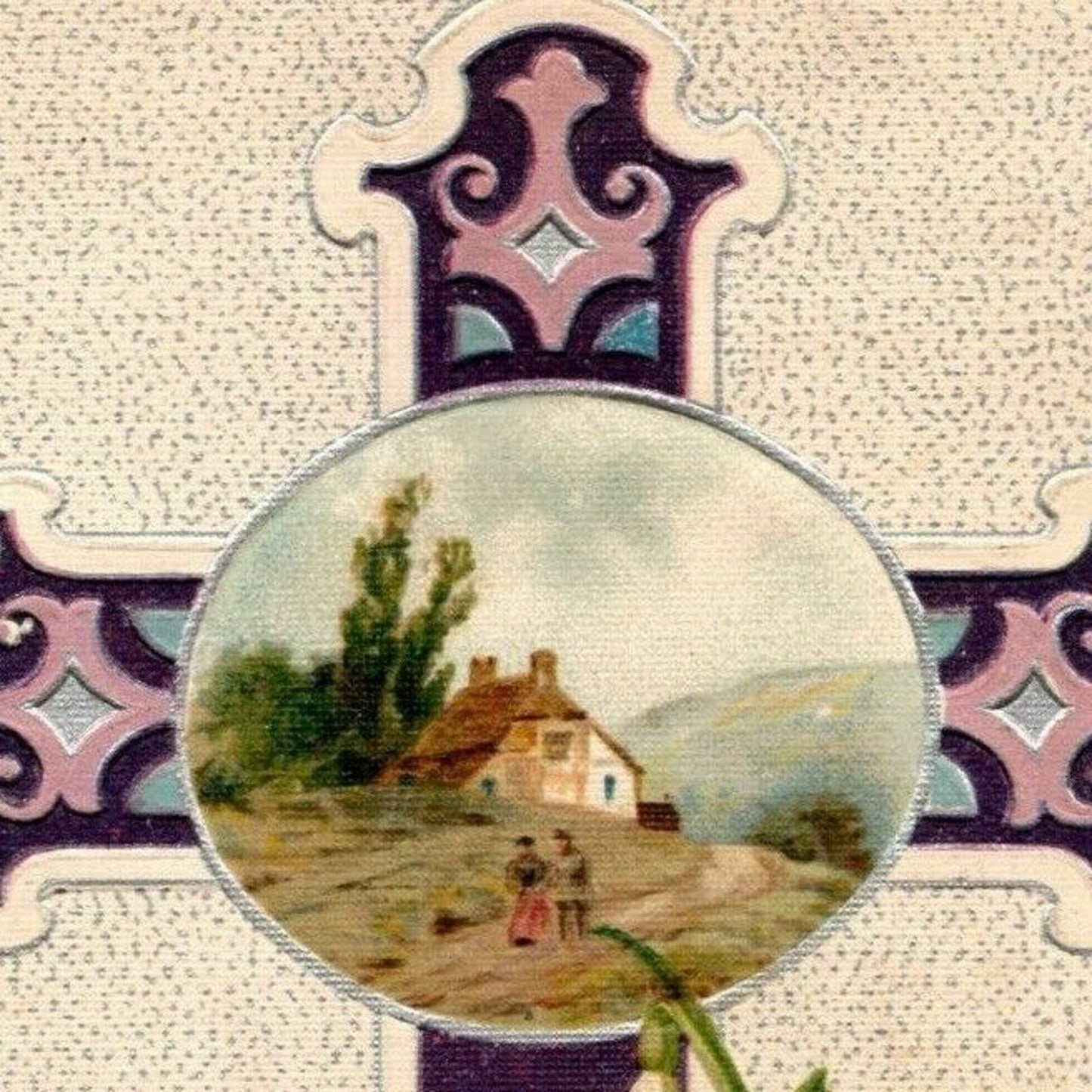 Vintage Postcard c1913 An Easter Greeting Cross Silver Country Home Embossed