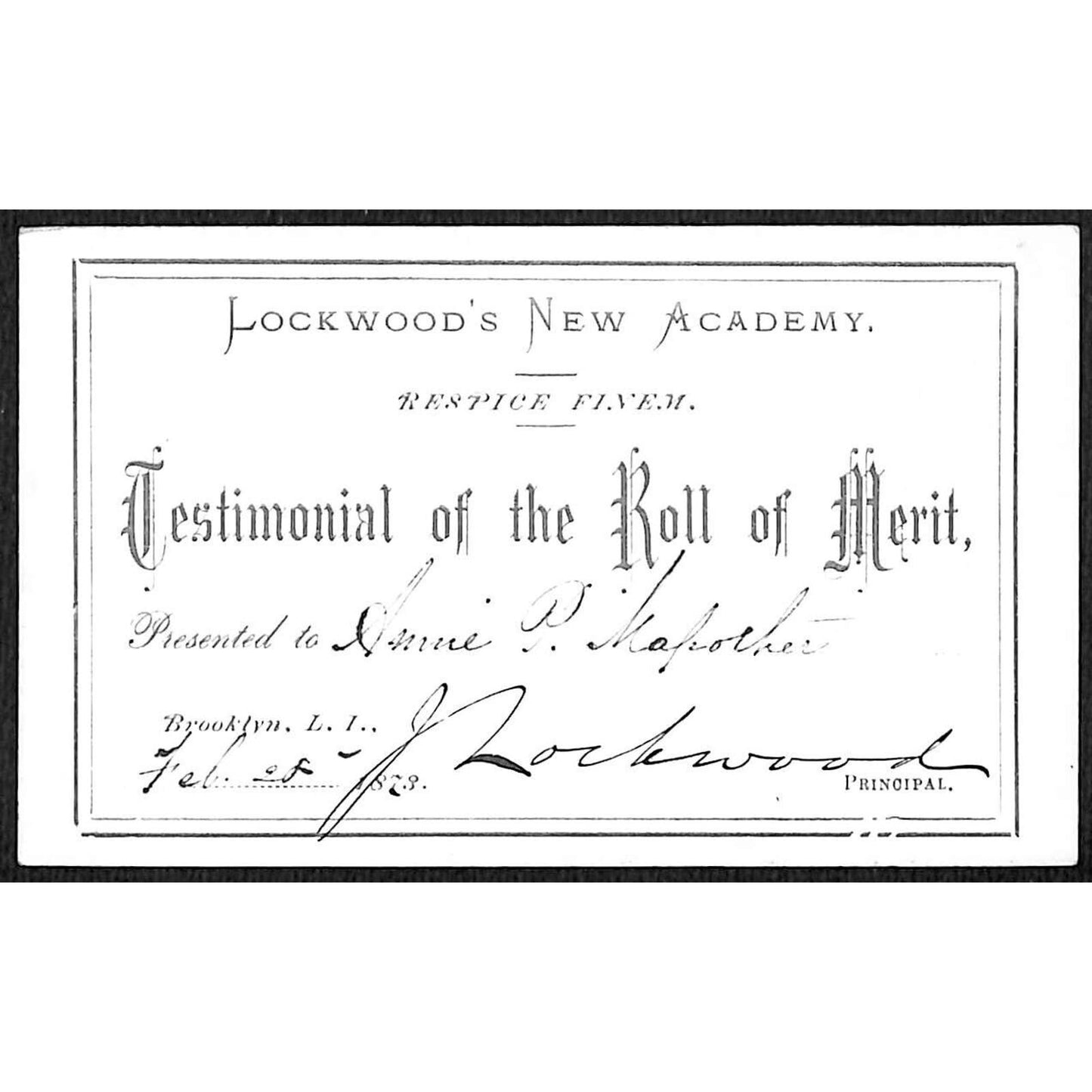 Brooklyn Lockwood New Academy Victorian Merit Card Signed 1873 Wood Ferns Mosses