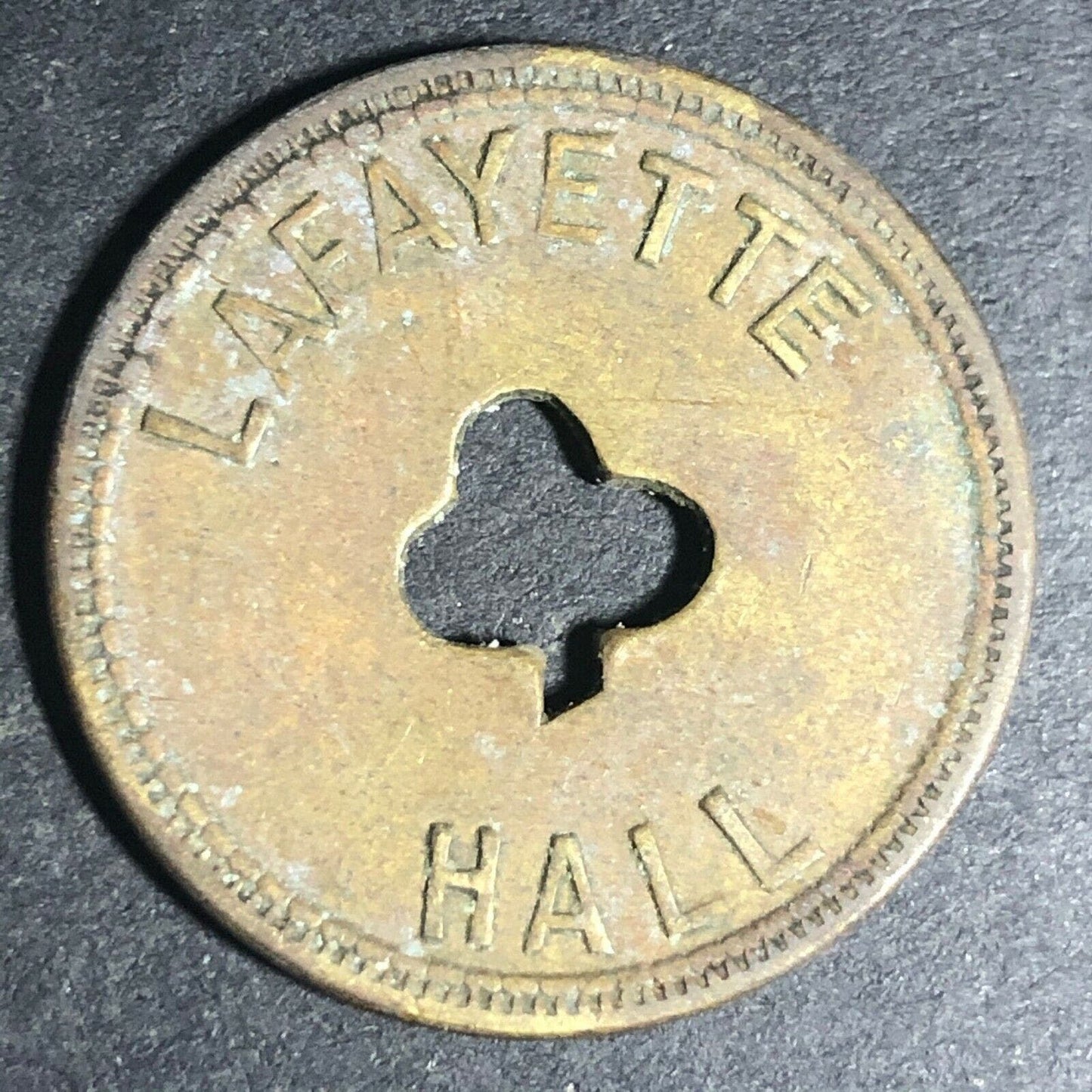 24.5mm Brass Lafayette Hall (Saloon Sacramento, CA) Token Clover Shamrock (#26)
