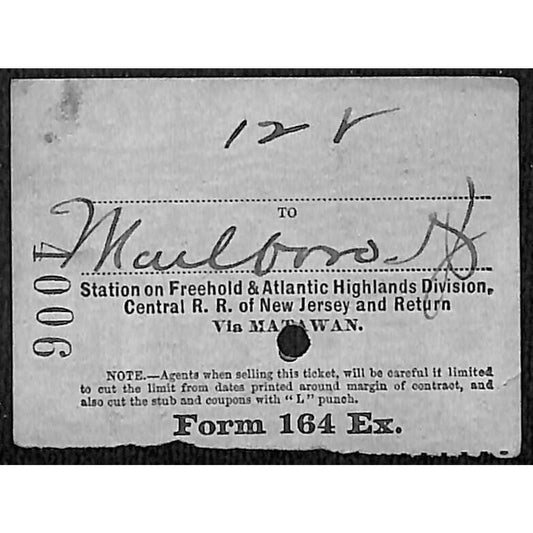 New York & Long Branch Railroad 1901 Ticket North Asbury Park Marlboro #4006