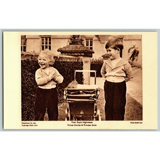 c1950's "Prince Charles & Princess Anne" Playing Outside PPC Postcard Unposted
