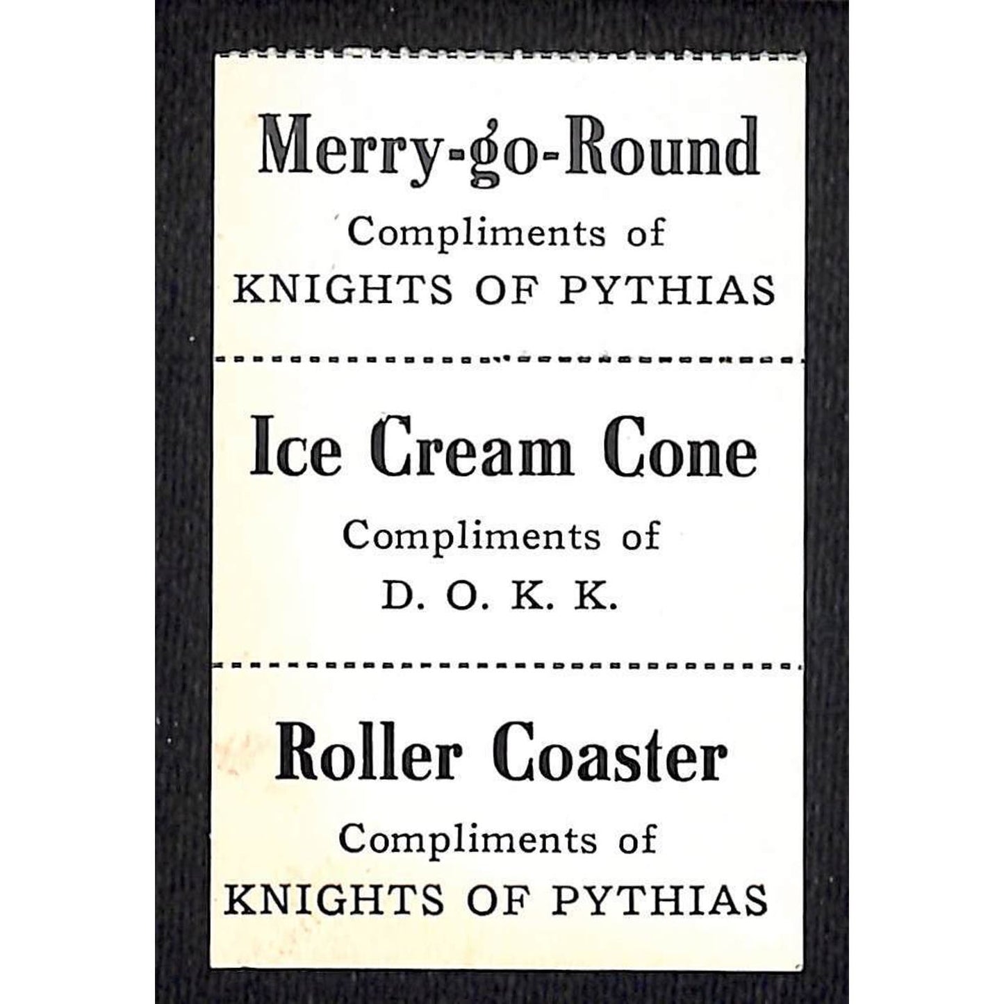Merry-go Round Roller Coaster Ice Cream Fair Tickets Pythias D.O.K.K c1940's VGC