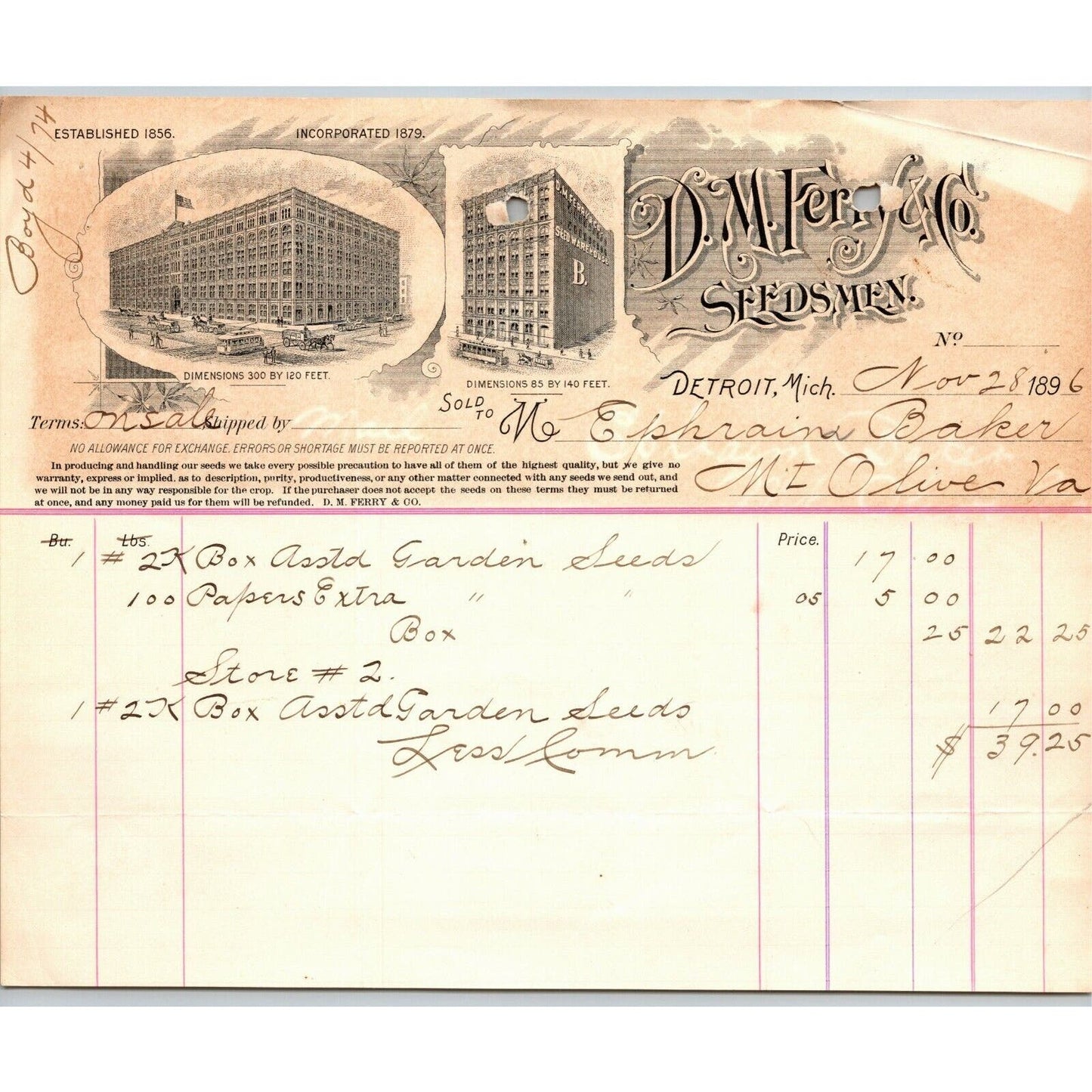 1896 Letterhead Billhead D.M. Ferry Seeds Seedsmen Detroit Ephraim Baker*