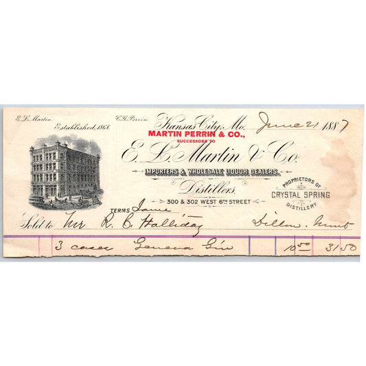 Martin, Perrin & Co. / E.L. Martin & Co. Liquor Distillers 1887 Billhead