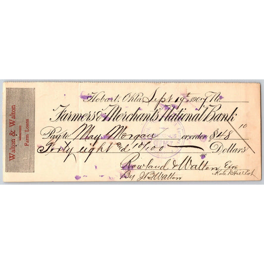 Hobart, OK 1907 Territorial Farmers & Merchants Walton & Walton Bank Check