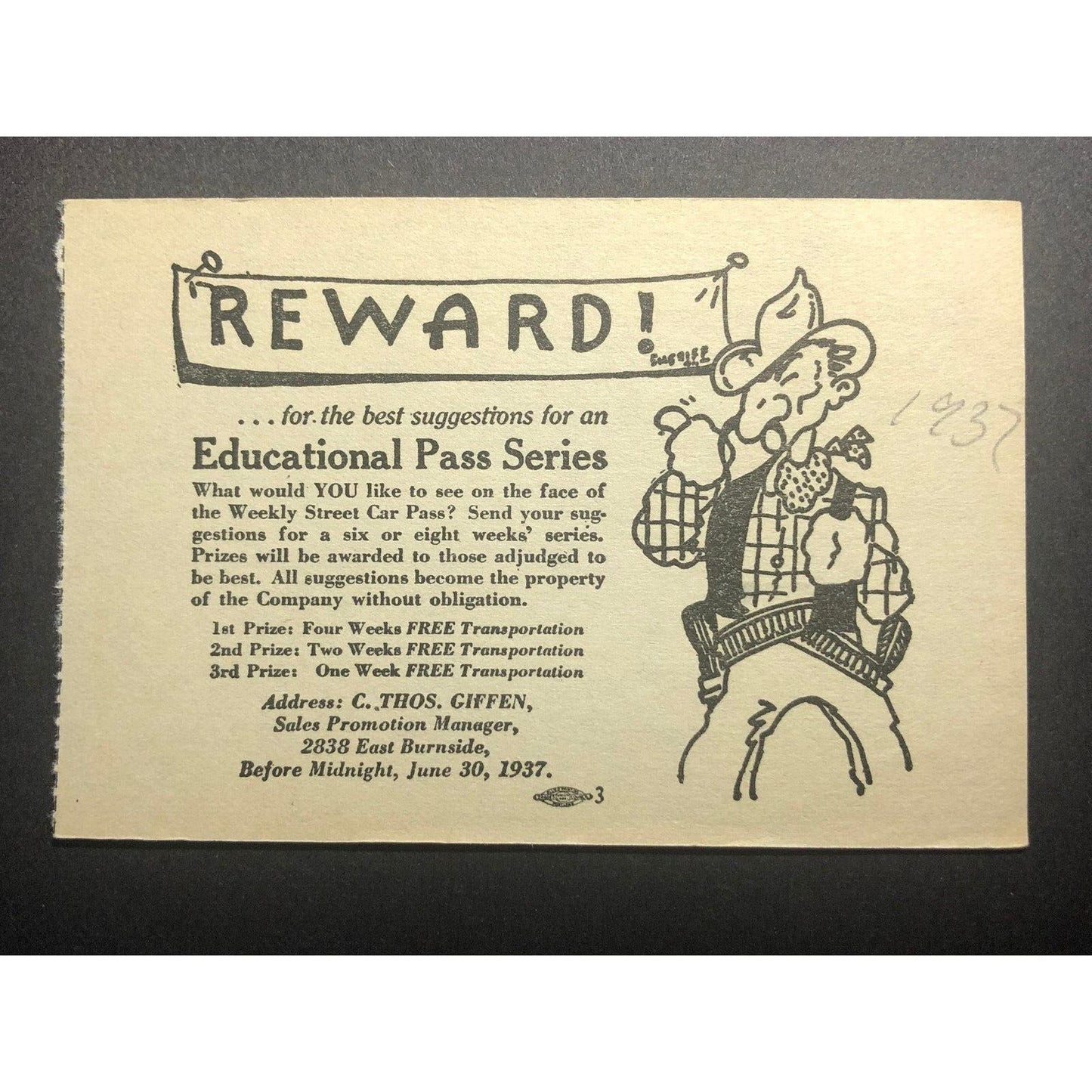 1937 Reward! Cowboy / Gunslinger Weekly Car Pass Art Contest- Hand Out