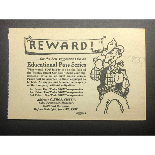 1937 Reward! Cowboy / Gunslinger Weekly Car Pass Art Contest- Hand Out