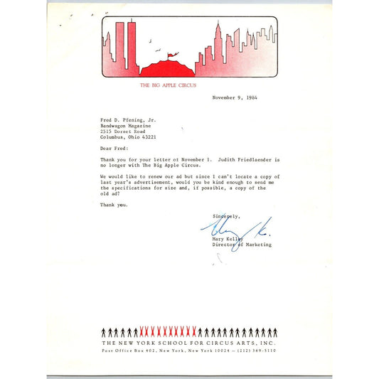 New York School for Circus Arts / Big Apple Circus Letterhead 1984