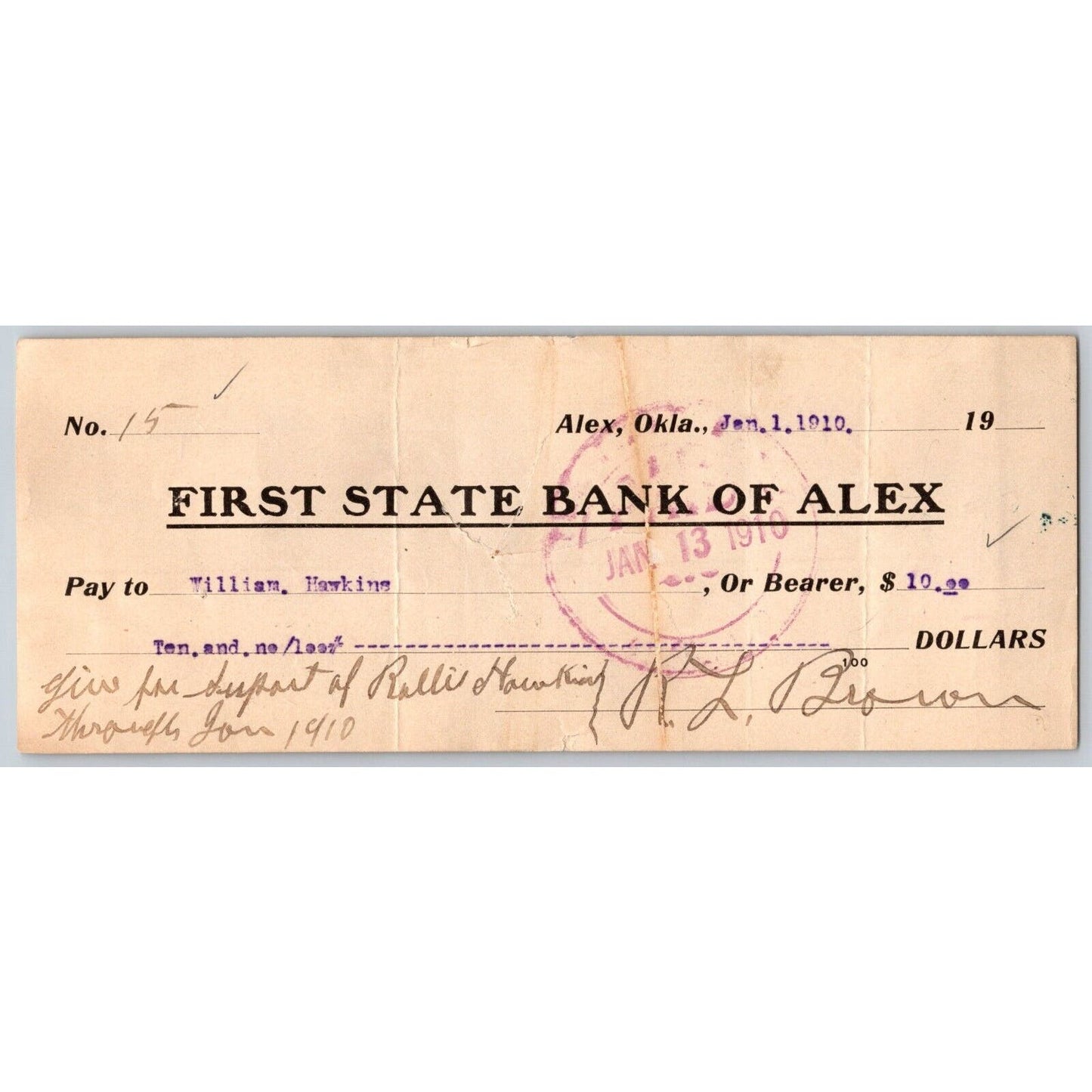 Alex, OK 1910 First State Bank of Alex Check - Scarce