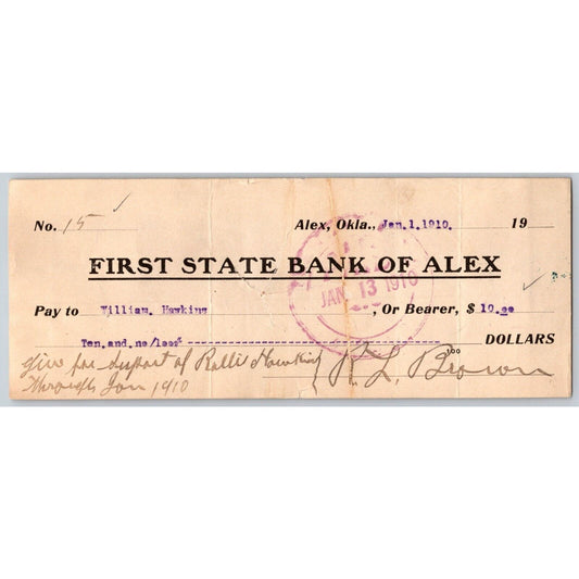 Alex, OK 1910 First State Bank of Alex Check - Scarce