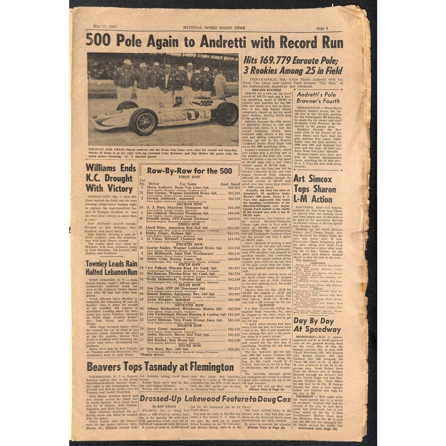 National Speed Sport News 5/17 1967 Andretti Indy Pole Again Racing 23pp