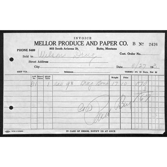 Mellor Produce and Paper Butte Montana - 1933 Billhead Letterhead - Wilson Drug