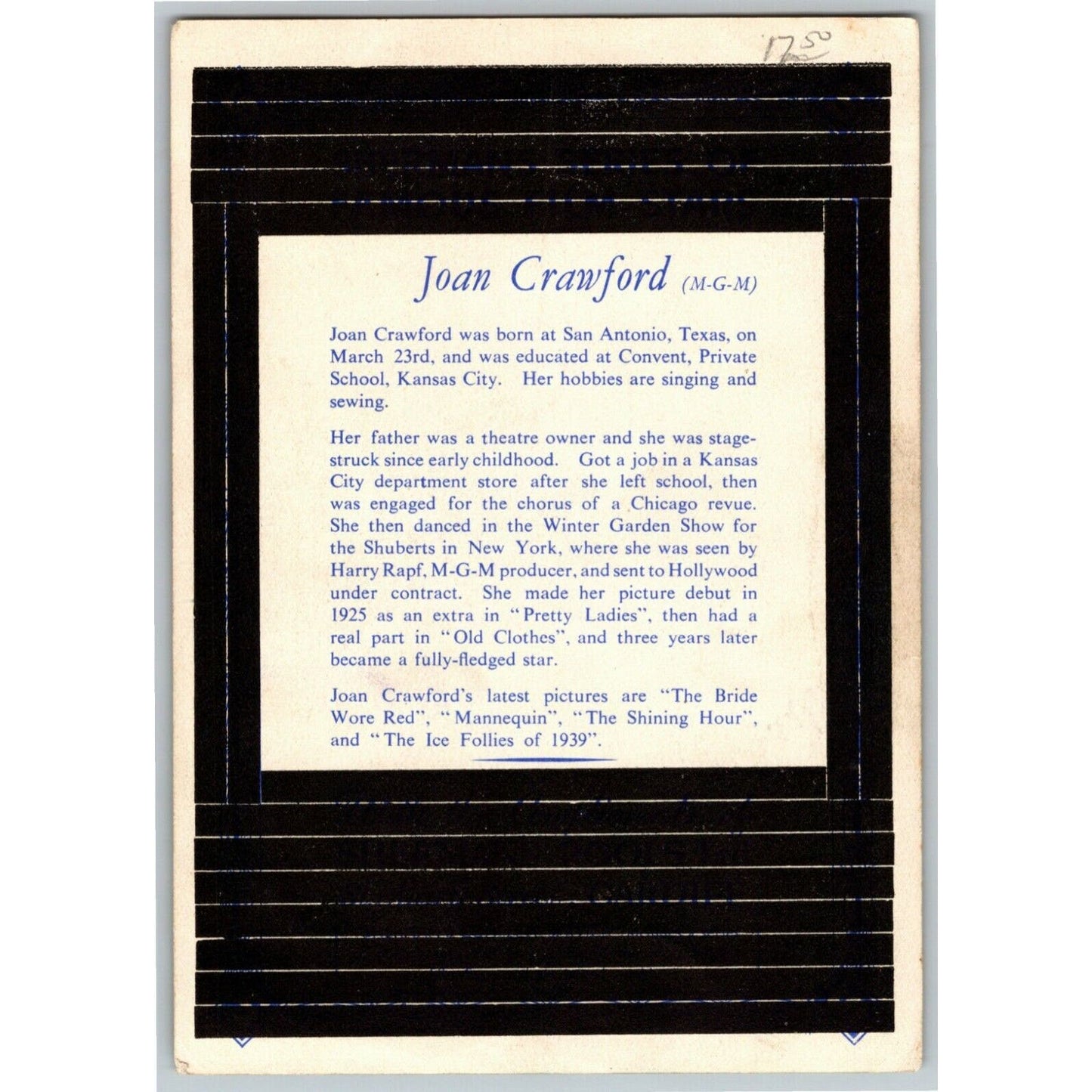 Joan Crawford Thin Bio Sheet / Handout 3 5/8" x 5 1/4" - Ken Prag Coll. VGC