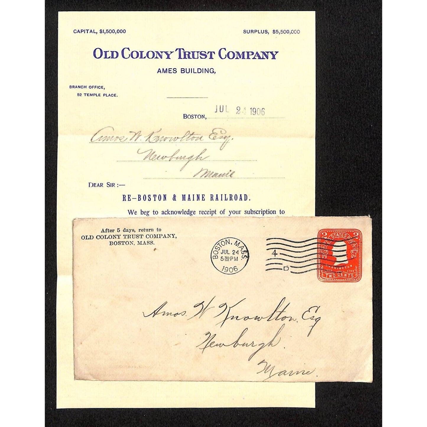 Newburgh ME Amos W. Knowlton* 1906 Boston & Maine Railroad Stock Purchase