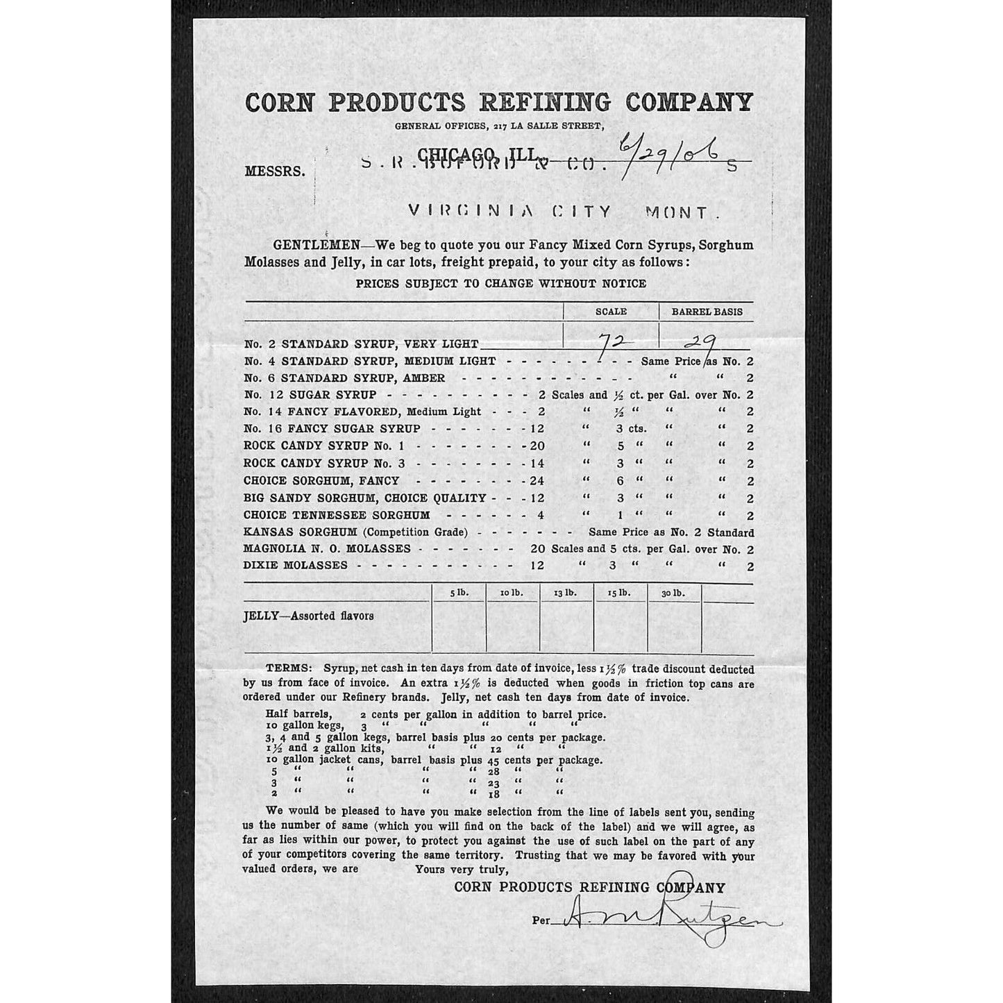 1906 Corn Products Refining Co. Order Sheet S.R. Buford Virginia City, MT Scarce