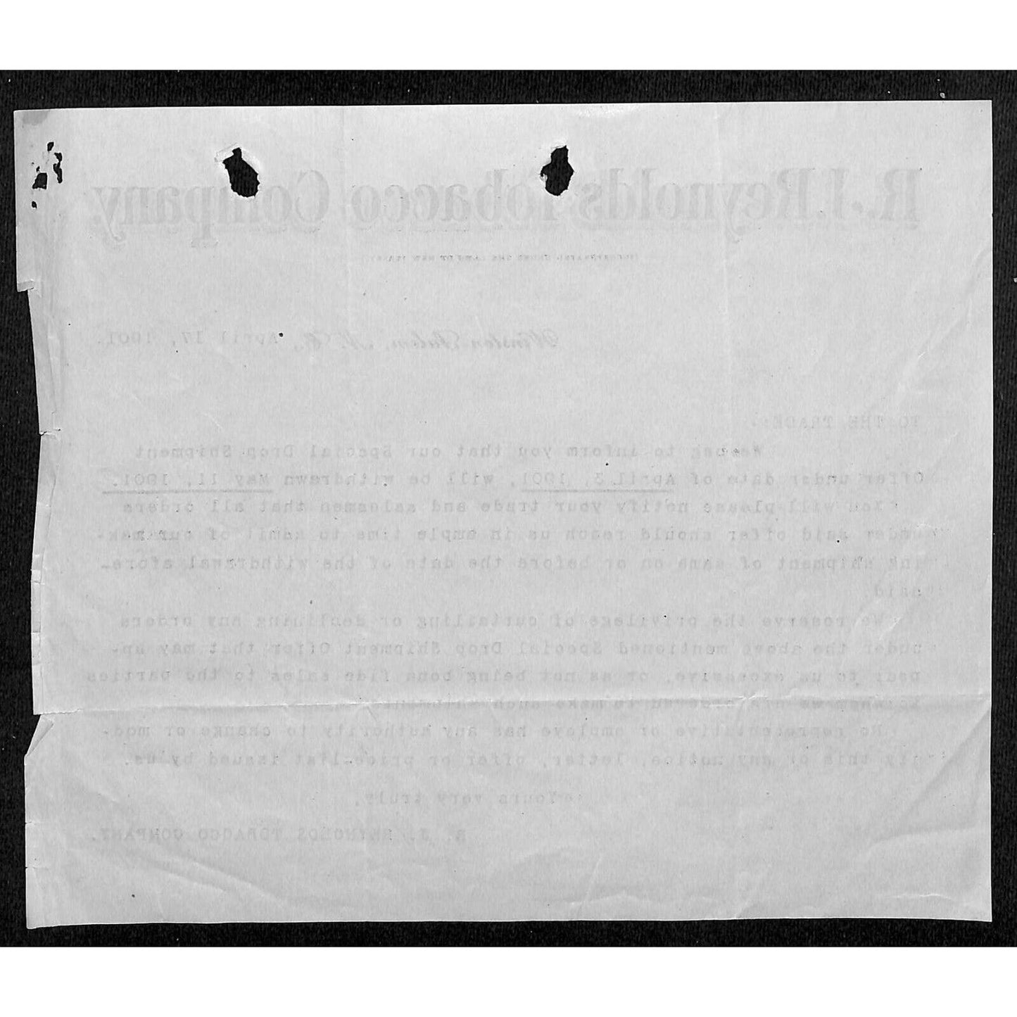 1901 Scarce Letterhead R.J. Reynolds Tobacco Co. Winston-Salem, NC - E. Baker*