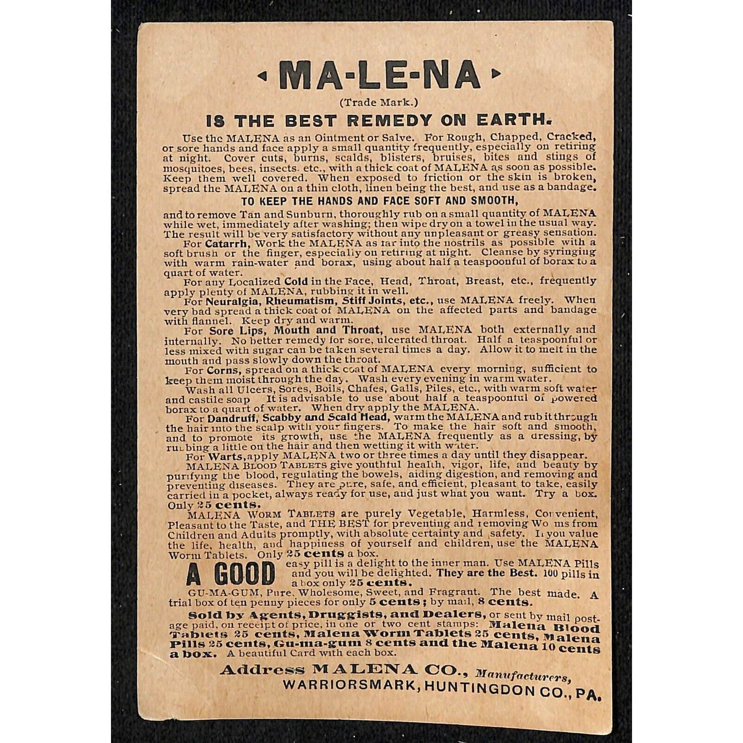 1880-90's Victorian Trade Card Malena Quack Remedy - Owl in Tree at Winter