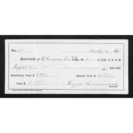 1901 AOUW (Ancient Order of United Workmen) - Dues Receipt (Montana ?)