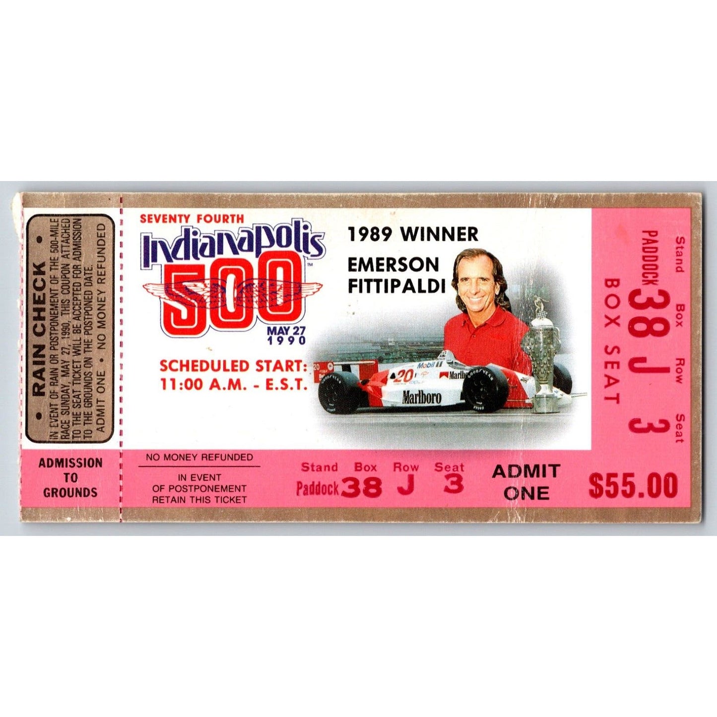 1990 Indianapolis 500 Ticket Stub Racing IMS Emerson Fittipaldi - seat 3