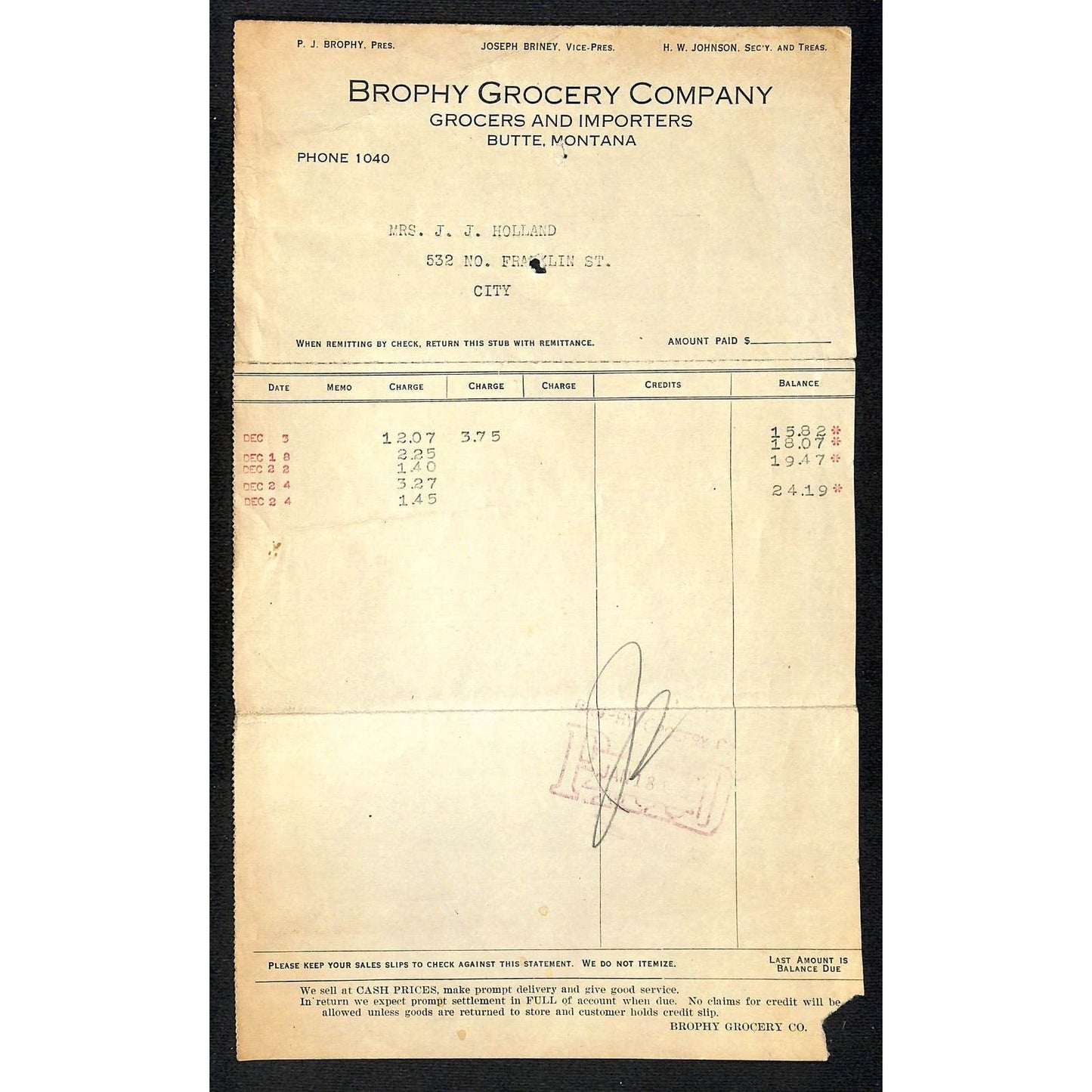 Butte, MT Brophy Grocery Co. 1925 Tear-Off Statement / Billhead