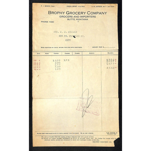 Butte, MT Brophy Grocery Co. 1925 Tear-Off Statement / Billhead