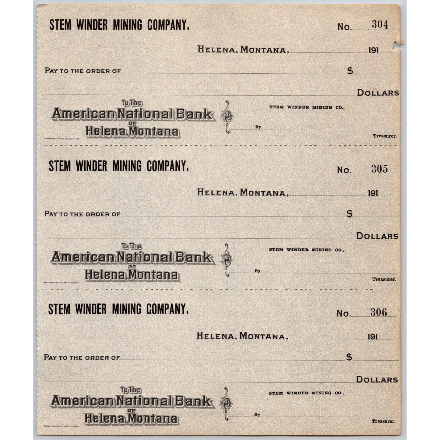 Helena, MT Stem Winder Mining Co. American National Bank Check Sheet - 1910