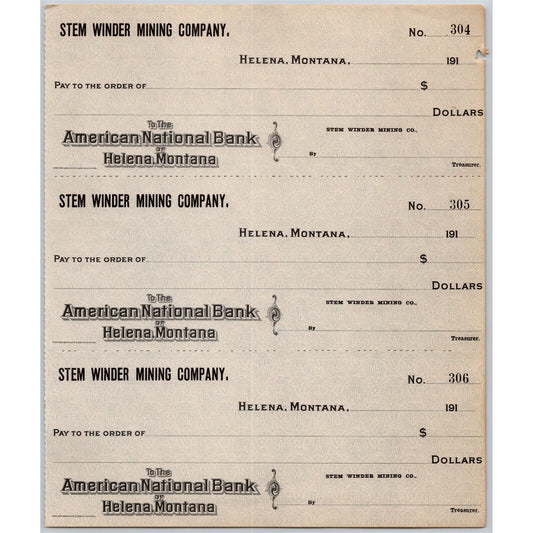Helena, MT Stem Winder Mining Co. American National Bank Check Sheet - 1910