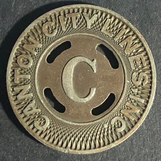 Canton City Lines Inc. "C" G/F One Fare Brass Transit Token - 22.76mm
