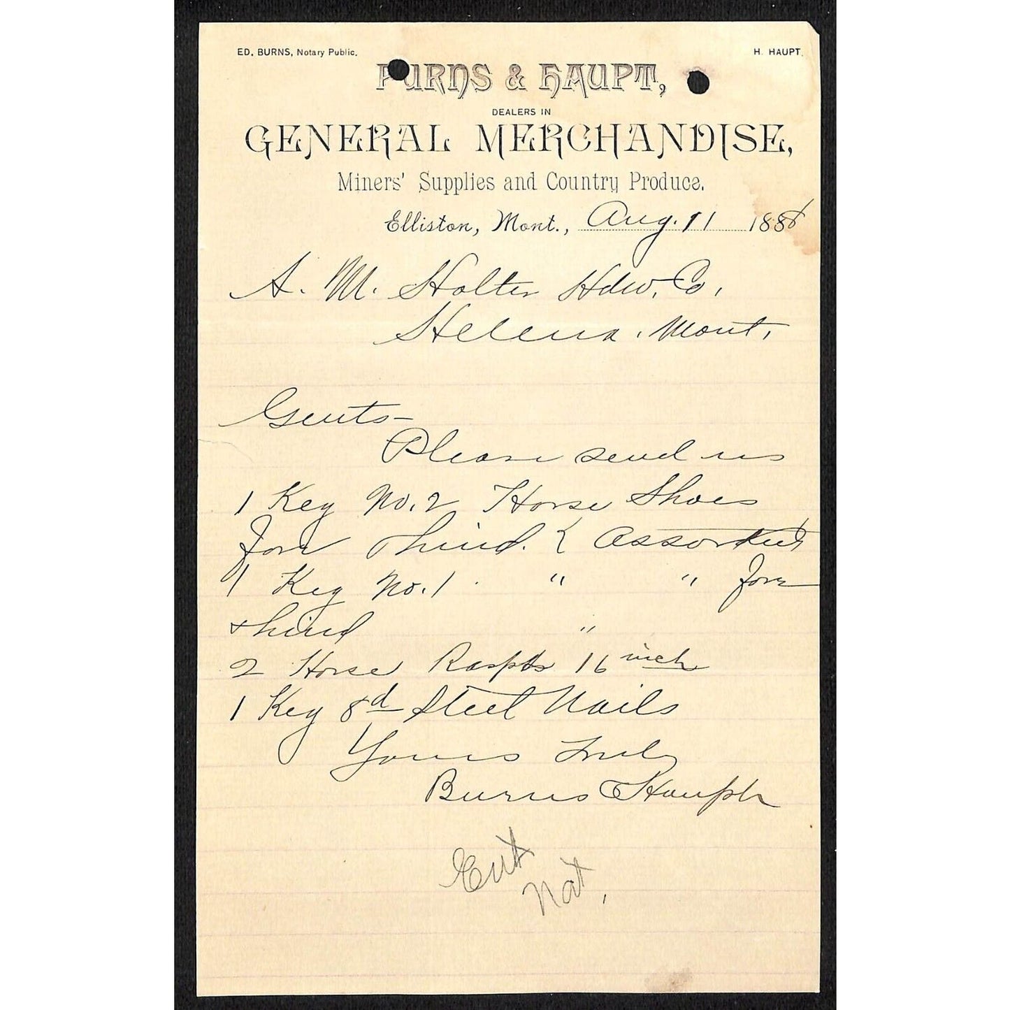 Elliston, MT Burns & Haupt Gen Mdse Miners' Supplies Produce Aug 1888 Billhead