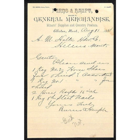 Elliston, MT Burns & Haupt Gen Mdse Miners' Supplies Produce Aug 1888 Billhead