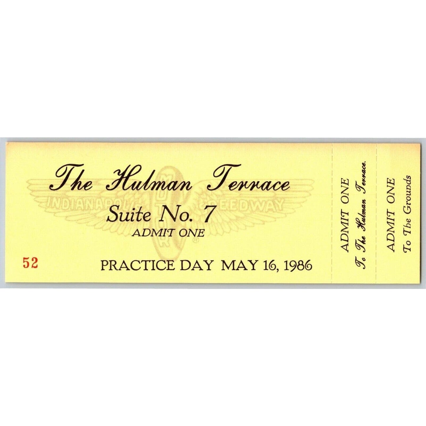 1986 Indy 500 The Hulman Terrace Unused Practice Day Ticket Indianapolis IMS #52