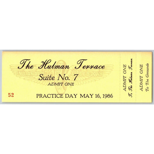 1986 Indy 500 The Hulman Terrace Unused Practice Day Ticket Indianapolis IMS #52