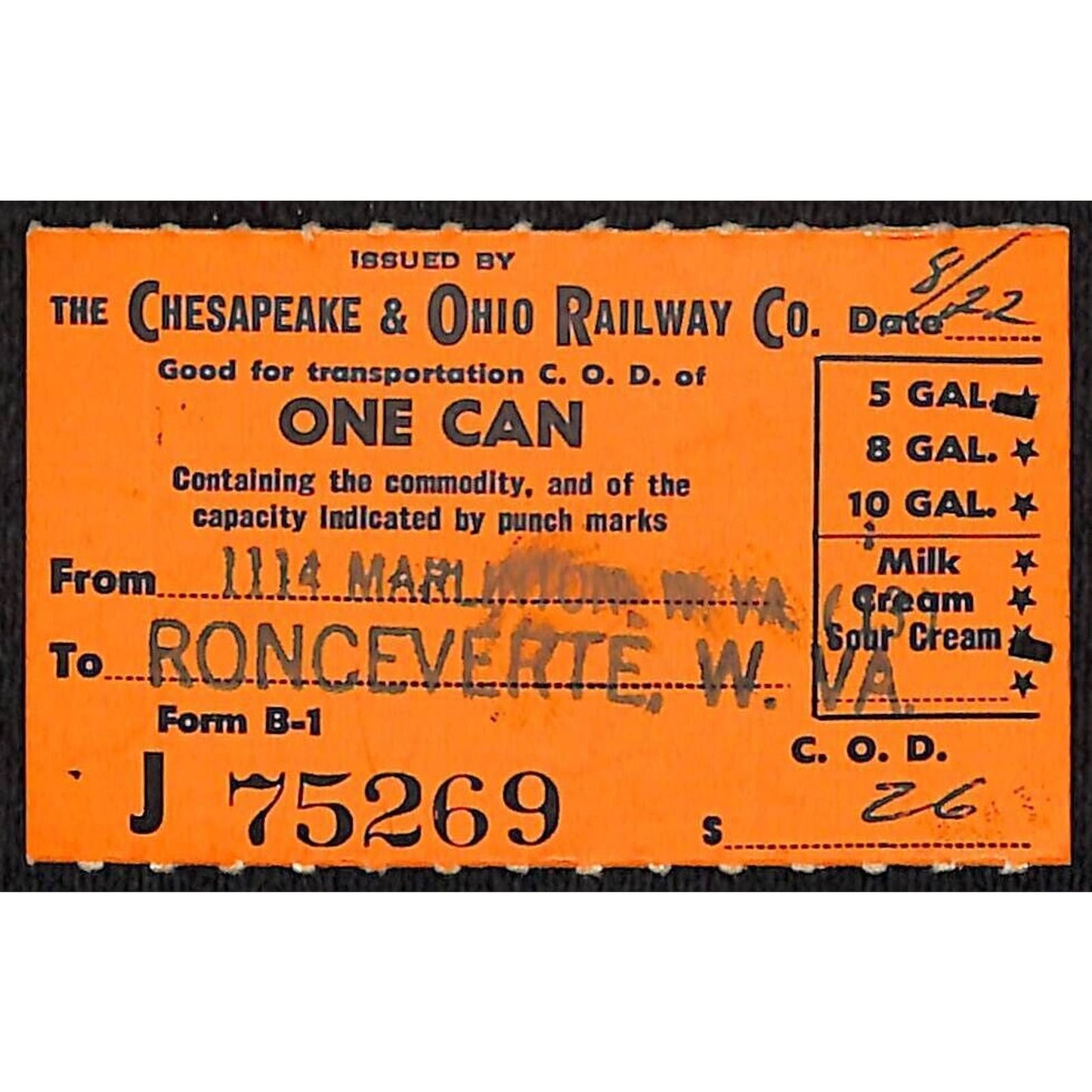 Chesapeake & Ohio Railway "One Can" Dairy Ticket Ron Ceverte Ice Produce W. Va.