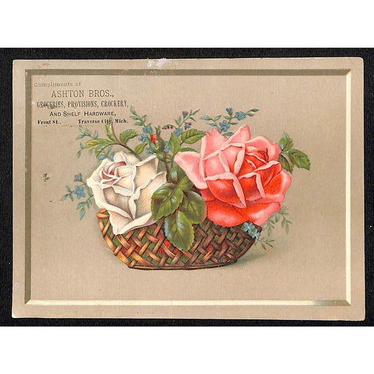 Ashton Bros. Traverse City, MI Groceries Hardware Lg Victorian Trade Card Basket