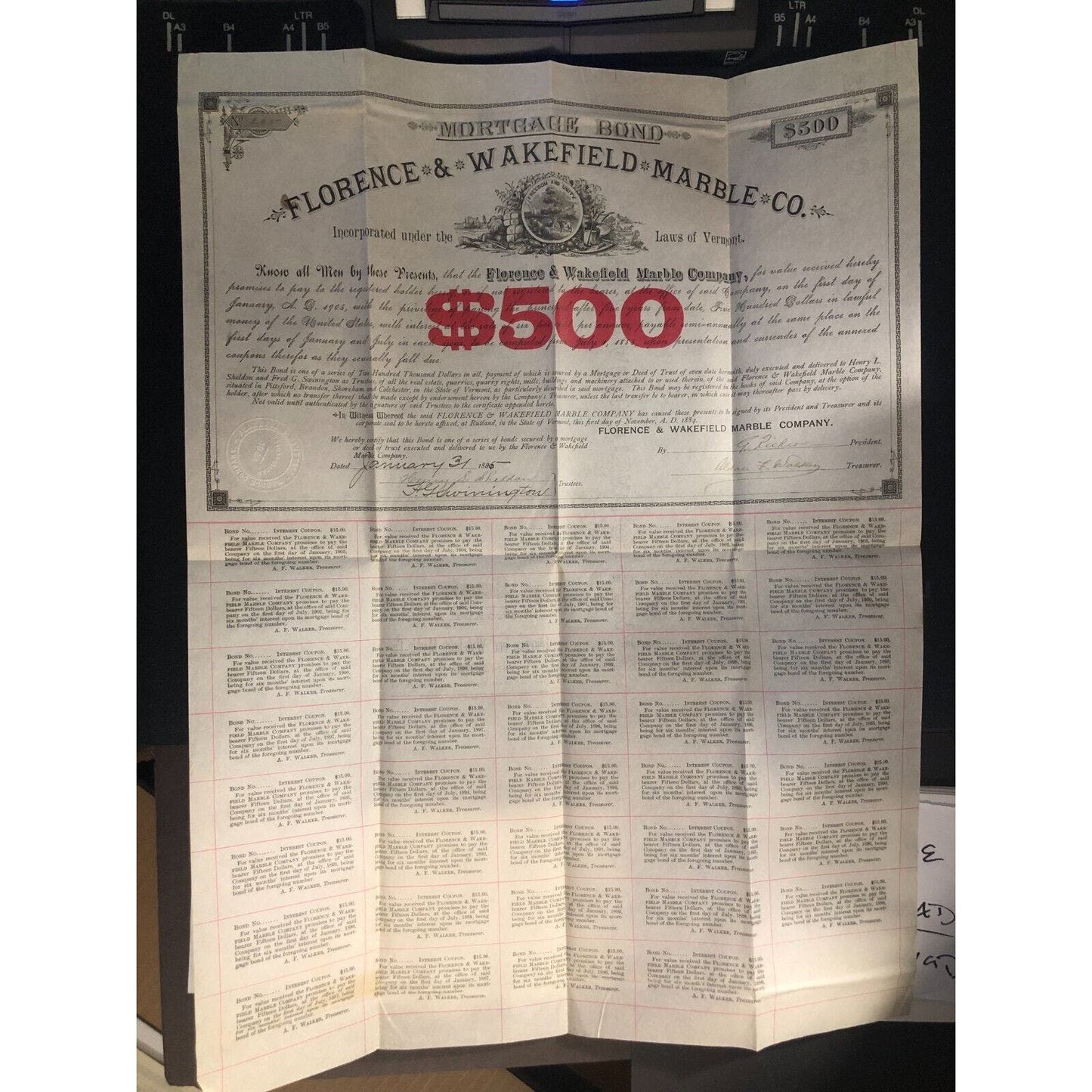 Florence & Wakefield Marble Co. Vermont 1885 $500 Mortgage Bond Certificate