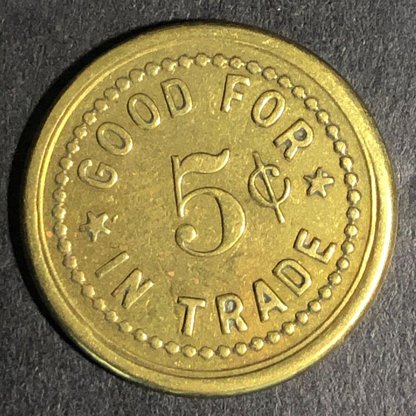 Wiley's Place Hillsboro Oregon G/F 5c Brass Trade Token -- "W" 22mm