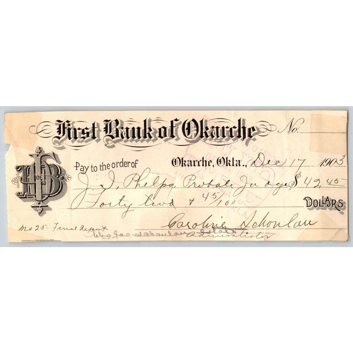 Okarche Oklahoma Territorial 1903 "First Bank of Okarche" Check - Scarce