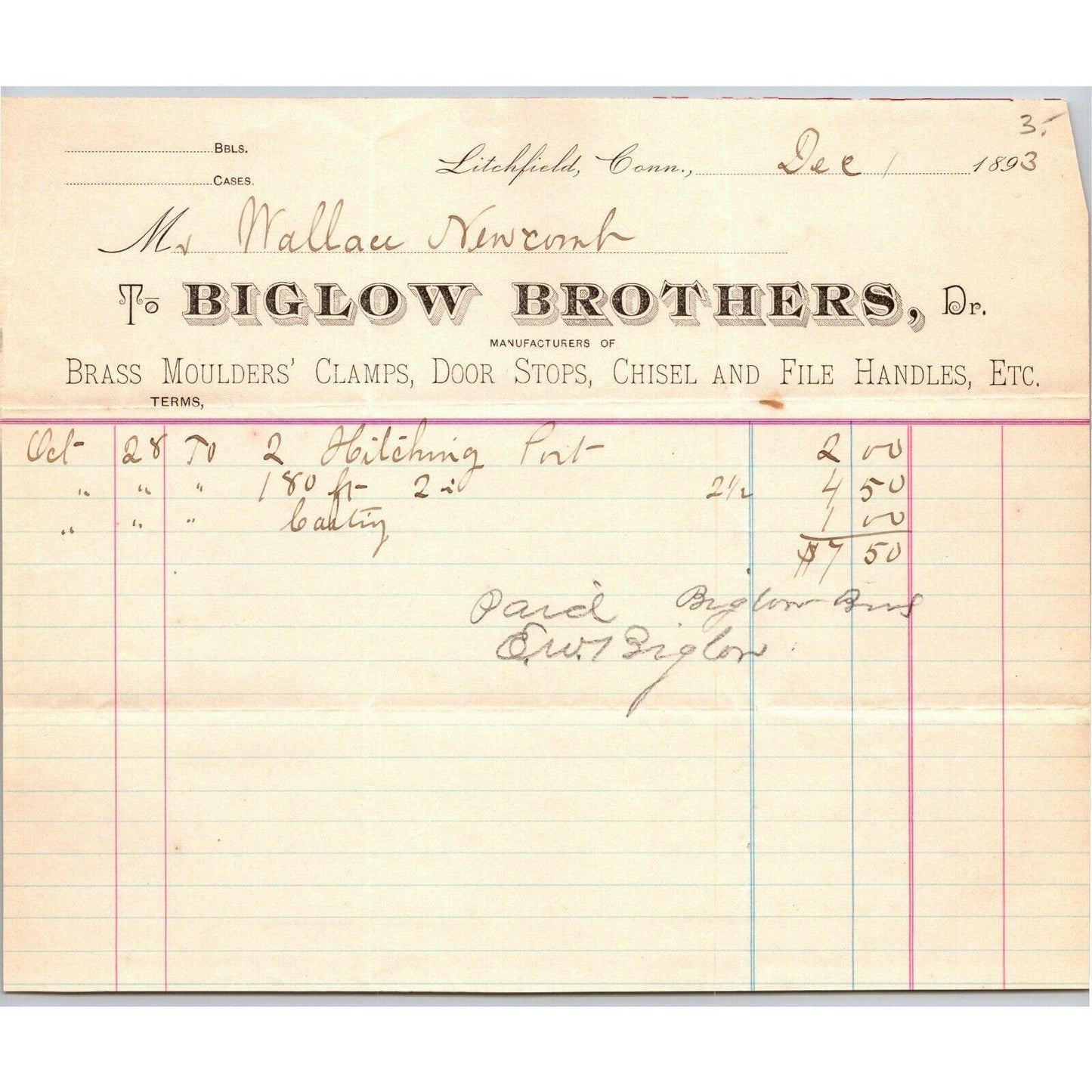 Biglow Brothers 1893 Letterhead Litchfield, Conn Brass Moulders' Clamps File